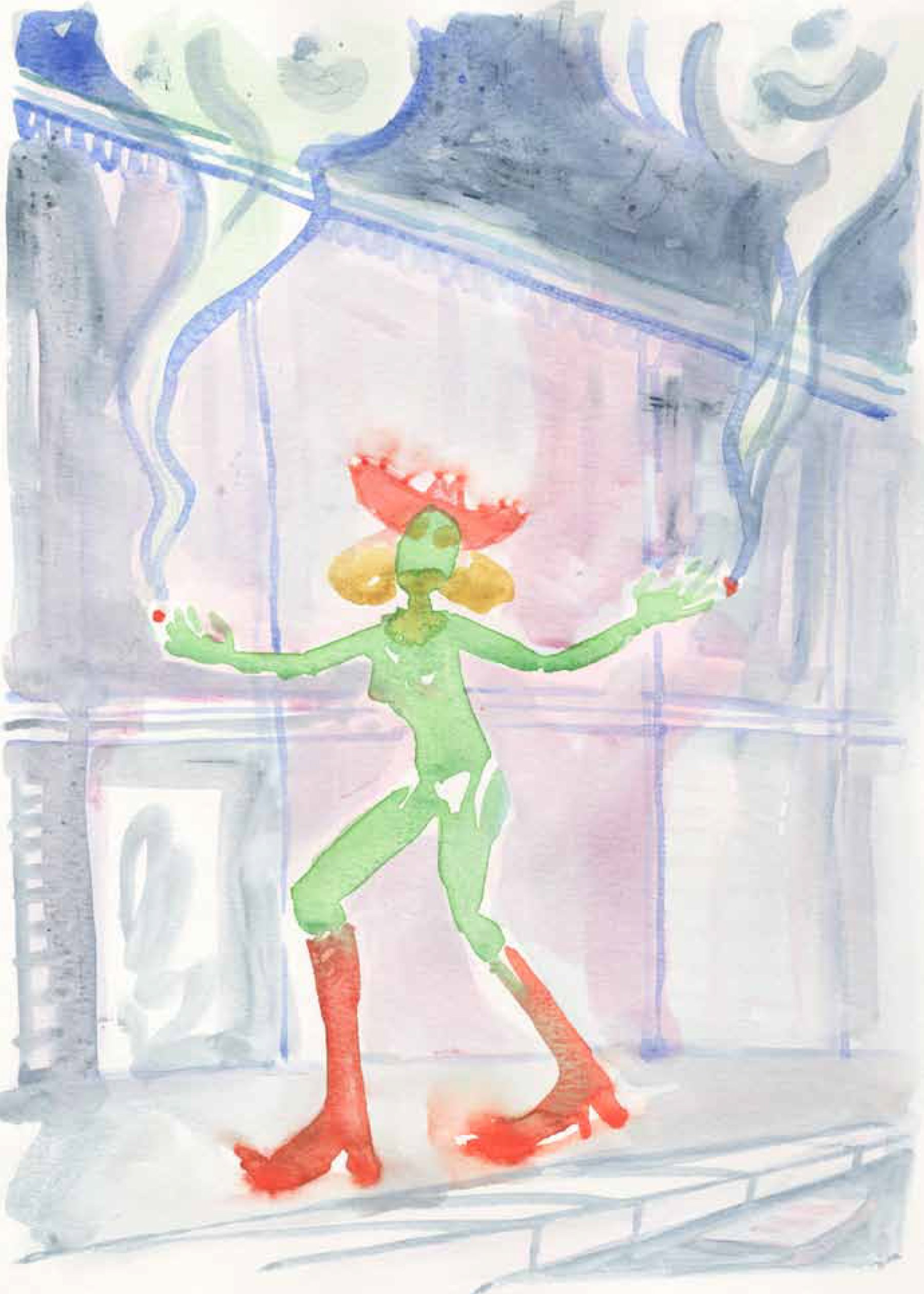 Akvarelltegning av Ane Barstad Solvang fra side 14 i *Sporty Ponni* (2022) utgitt av Colorama Books