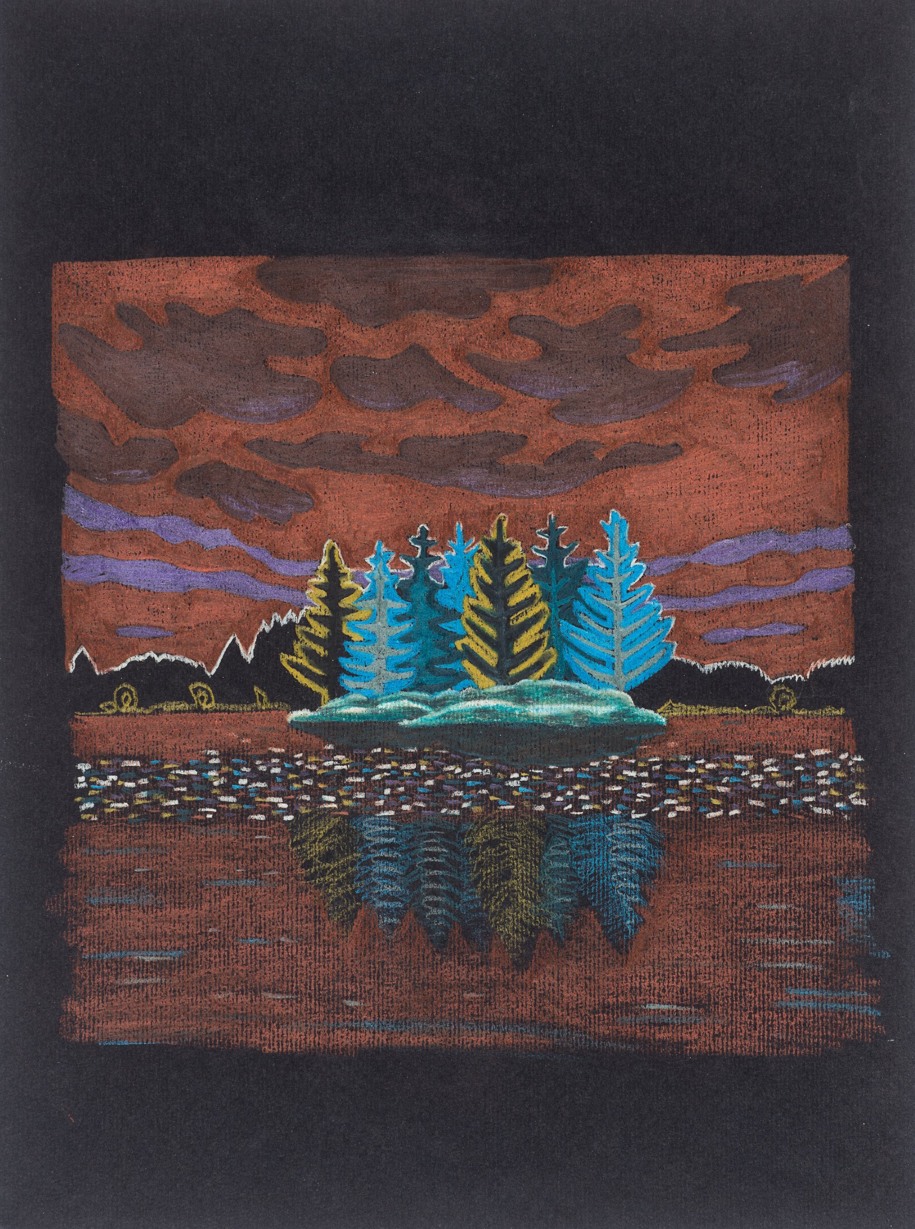 Med fargeblyantane vel Kierulf ut formane ho vil framheva. Omrissa av trea i *Hegreøya* er så utheva at dei liknar ein skog med Wunderbaum, luftfriskaren til bil.