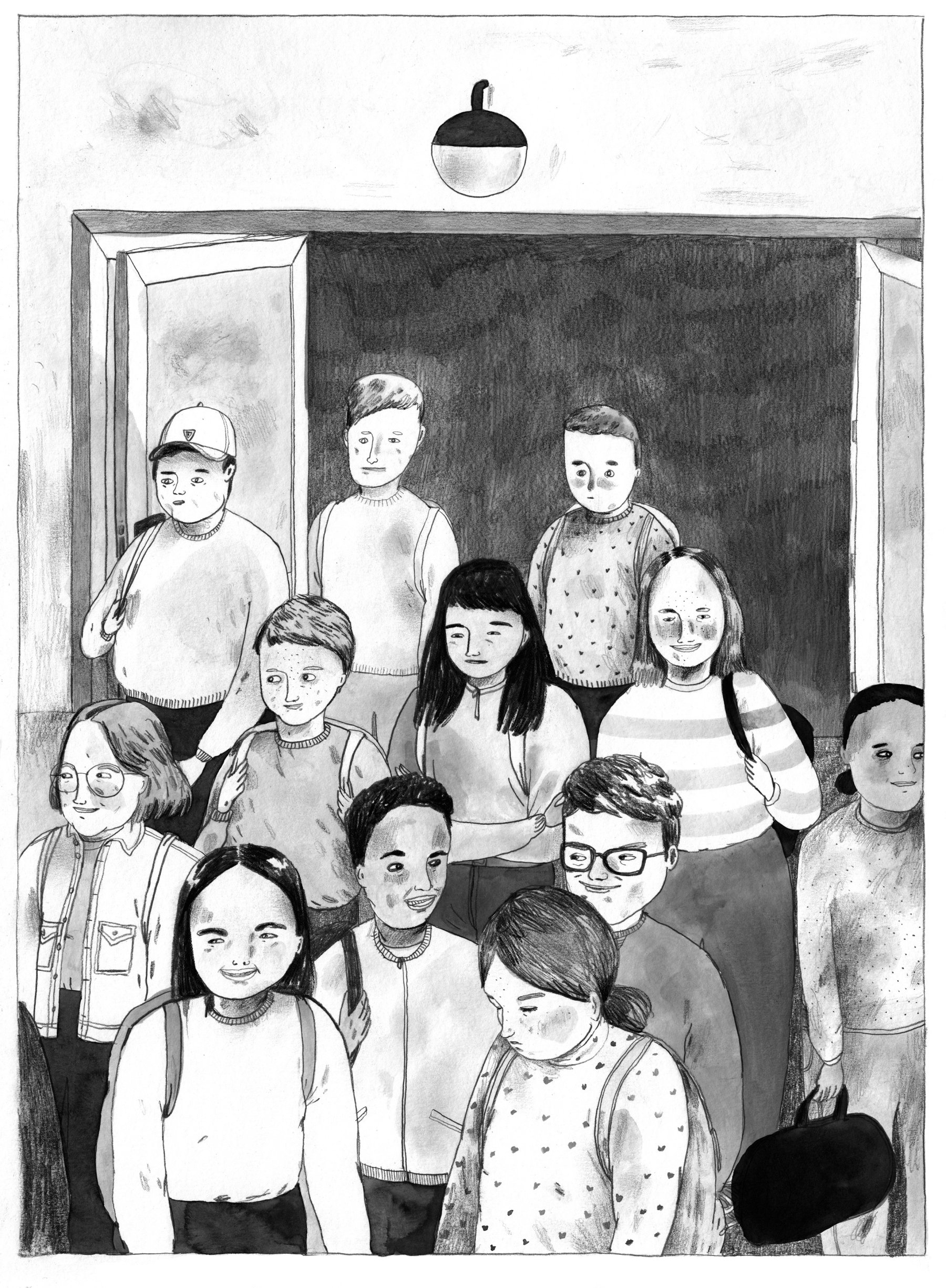 Det uferdige og litt pregløse utseendet hos barn i tidlige tenår speiles følsomt i tegningene av Tarjei, broren og kameratene.