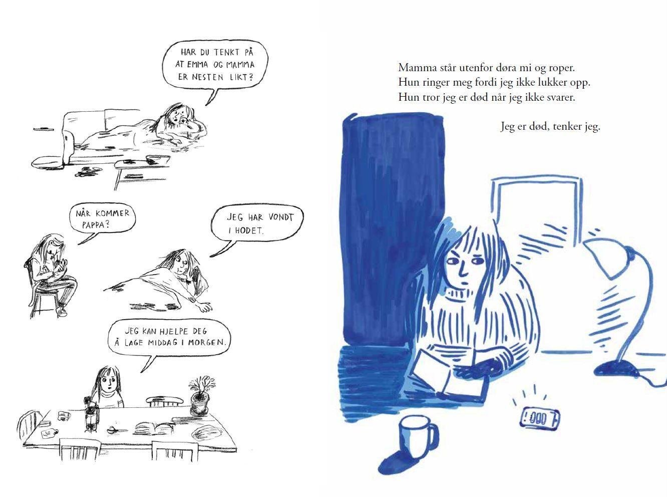 Side 10–11 fra *Ring hvis det er noe*(2021) av Åse Ombustvedt og Inga H. Sætre, publisert på Ena forlag.