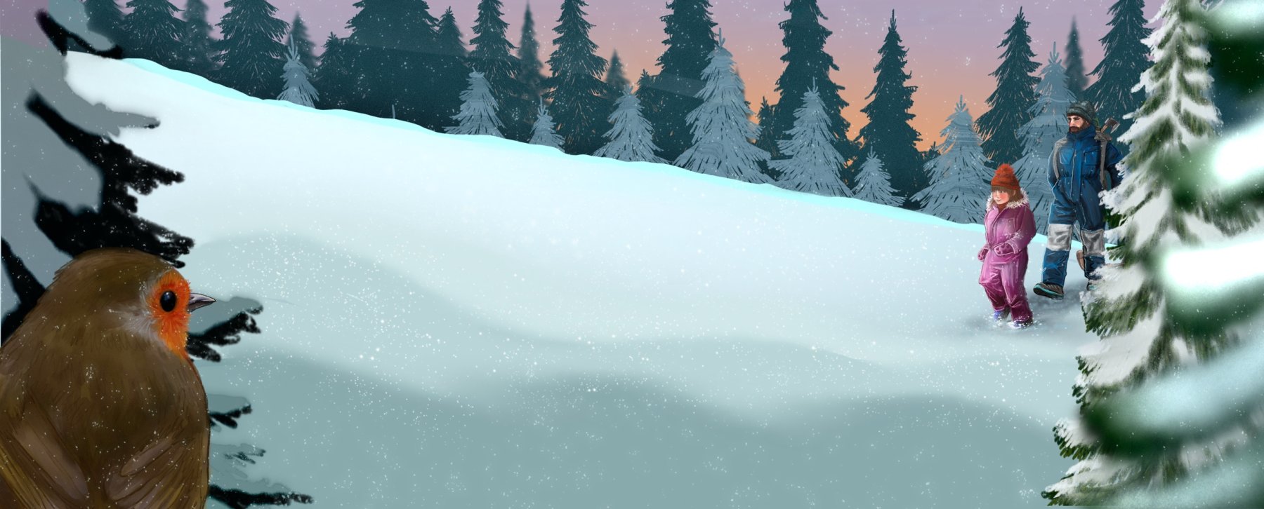 Illustrasjon fra *Eit hjarta til jul* (2021), illustrert av Line Renslebråten og skrevet av Line Dybdal, publisert av Samlaget.