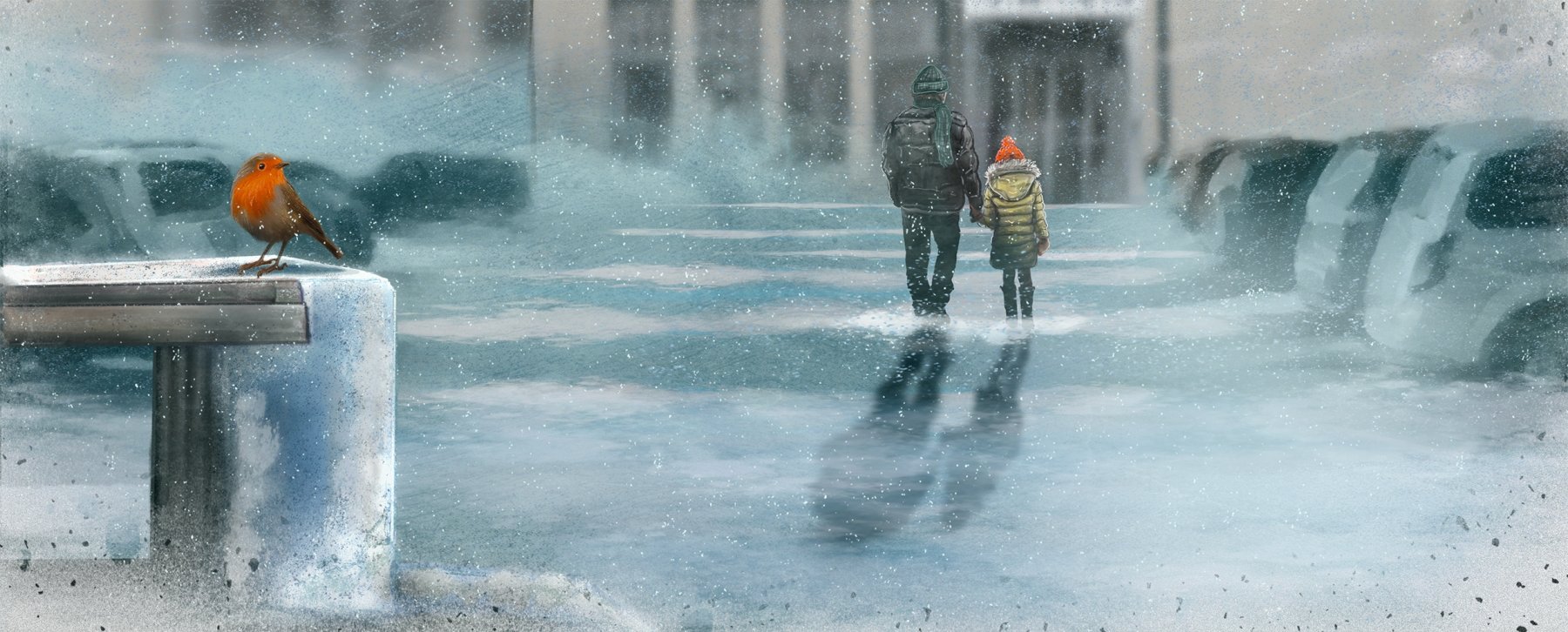 Illustrasjon fra *Eit hjarta til jul* (2021), illustrert av Line Renslebråten og skrevet av Line Dybdal, publisert av Samlaget.