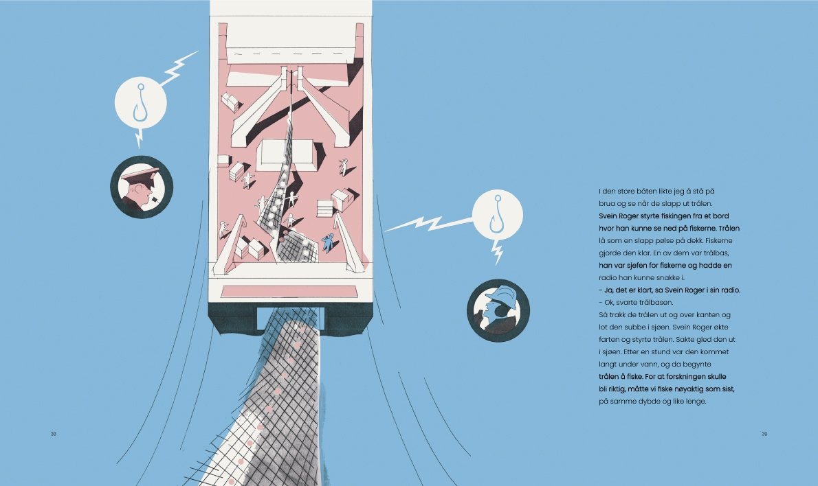 Illustrasjon av Rune Markhus (Side 38-39), fra *Katten og havet* (2021). Boken er skrevet av Bjørn Arild Ersland og utgitt av Ena Forlag.