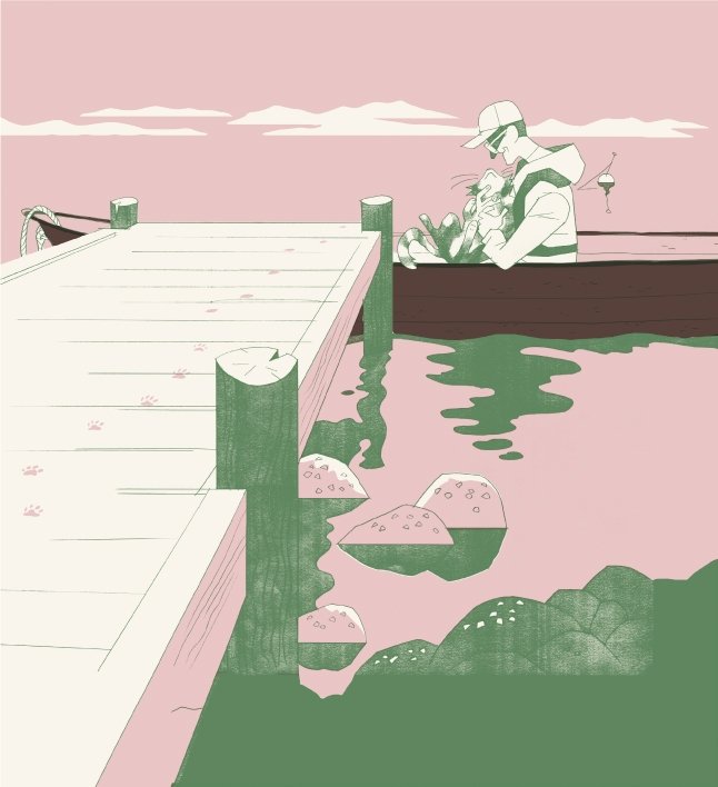 Illustrasjon av Rune Markhus (Side 81), fra *Katten og havet* (2021). Boken er skrevet av Bjørn Arild Ersland og utgitt av Ena Forlag.