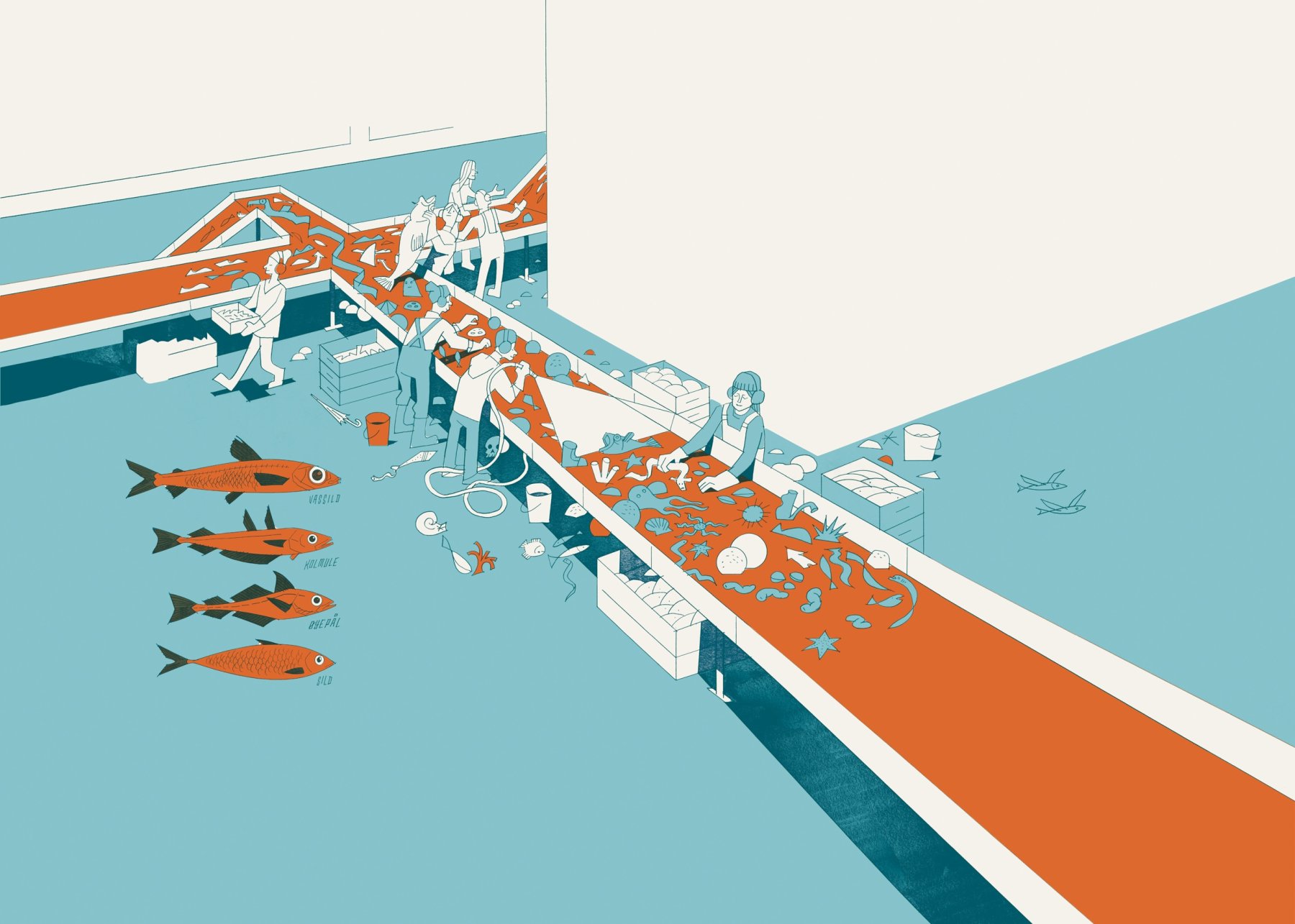 Illustrasjon av Rune Markhus, fra *Katten og havet* (2021). Boken er skrevet av Bjørn Arild Ersland og utgitt av Ena Forlag.