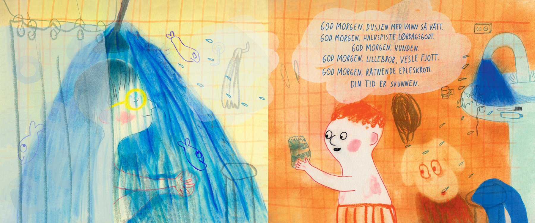 Side 10–11 fra *God Morgen* (2026), illustrert av Anette Saugestad og skrevet av  Joakim Kiørsvik.
