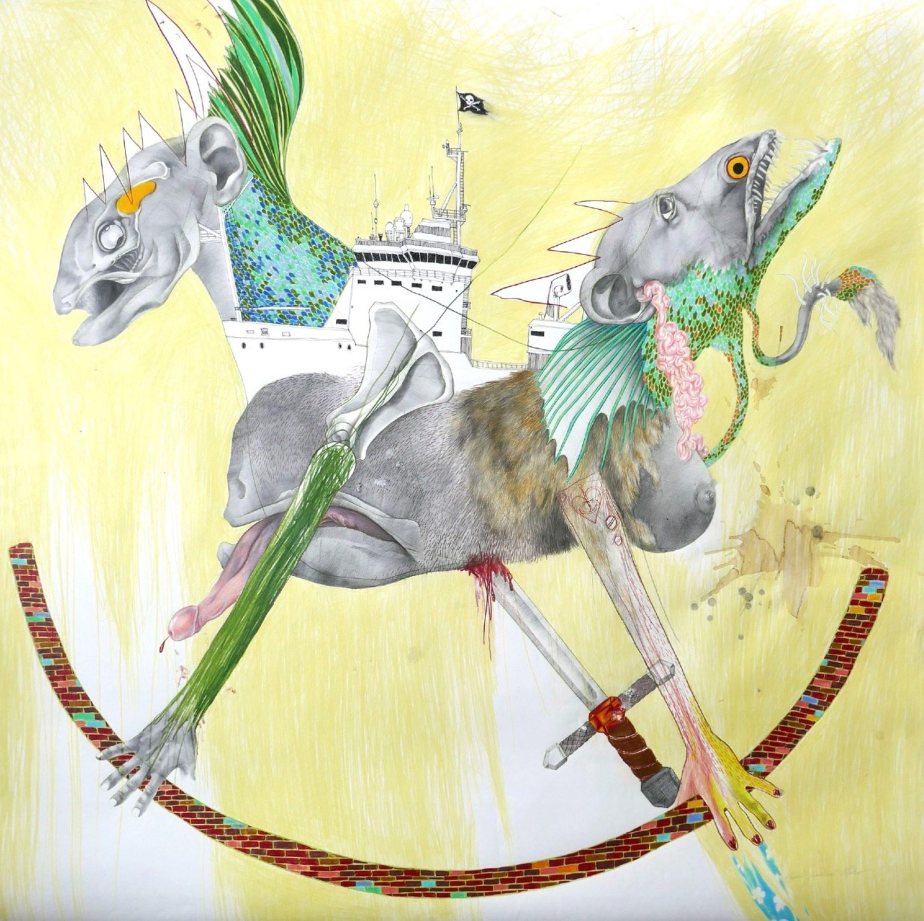 Uten tittel (2022), av Brynhild Grødeland Winther. Blyant/tusj/kaffi/tårer på papir 150x150cm.