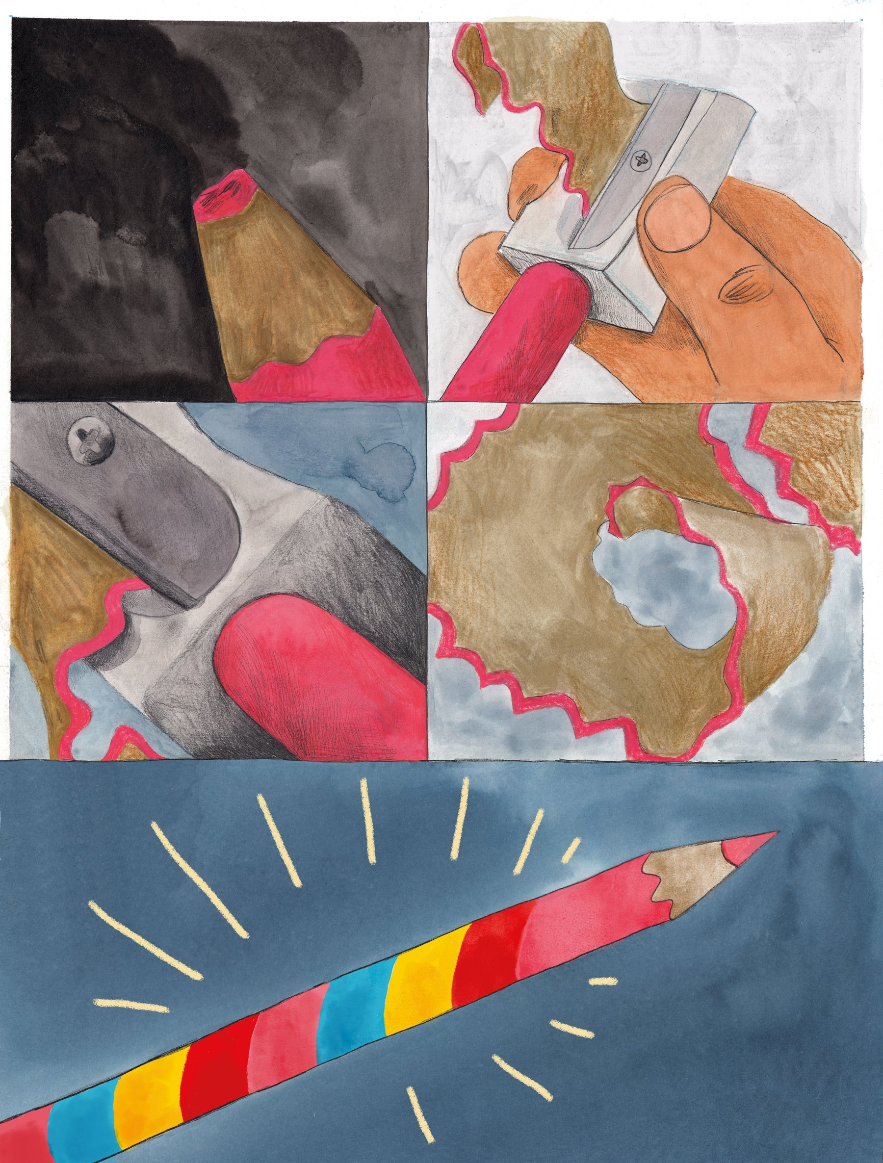 Blyanten som krymper i hendene til veninnen Maya. Illustrasjon av Anja Dahle Øverbye.