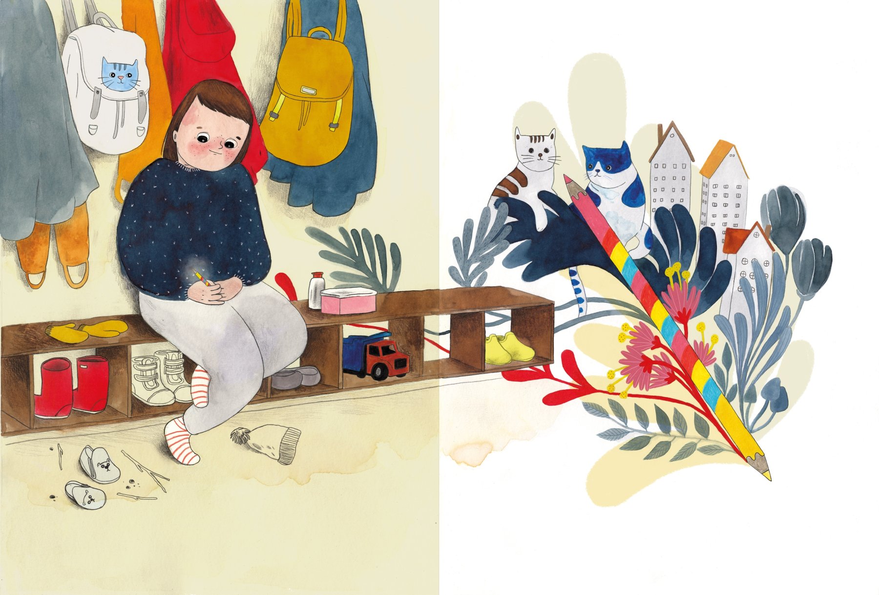 Lina og gleden av å ha en ny blyantfavoritt. Illustrasjon av Anja Dahle Øverbye.