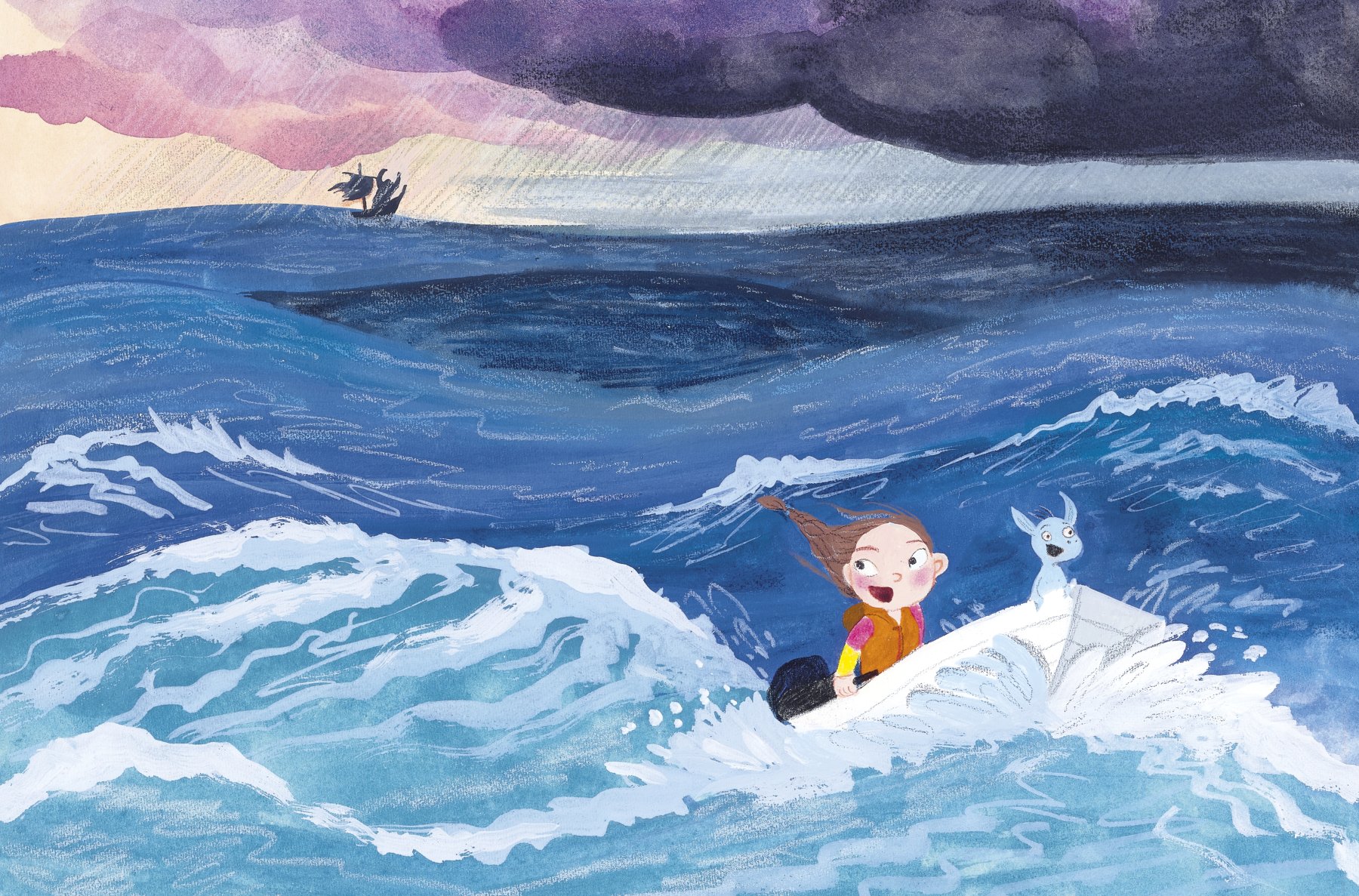 Oppslag fra *Aria og monstertåka*(2023) av Maria Lillebo. Publisert av Cappelen Damm.