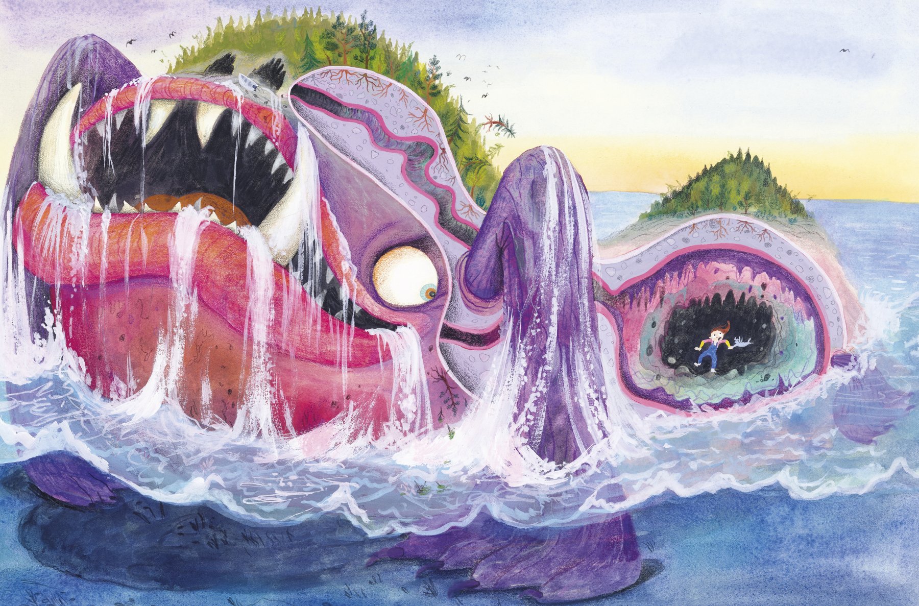 Oppslag fra *Aria og monstertåka*(2023) av Maria Lillebo. Publisert av Cappelen Damm.