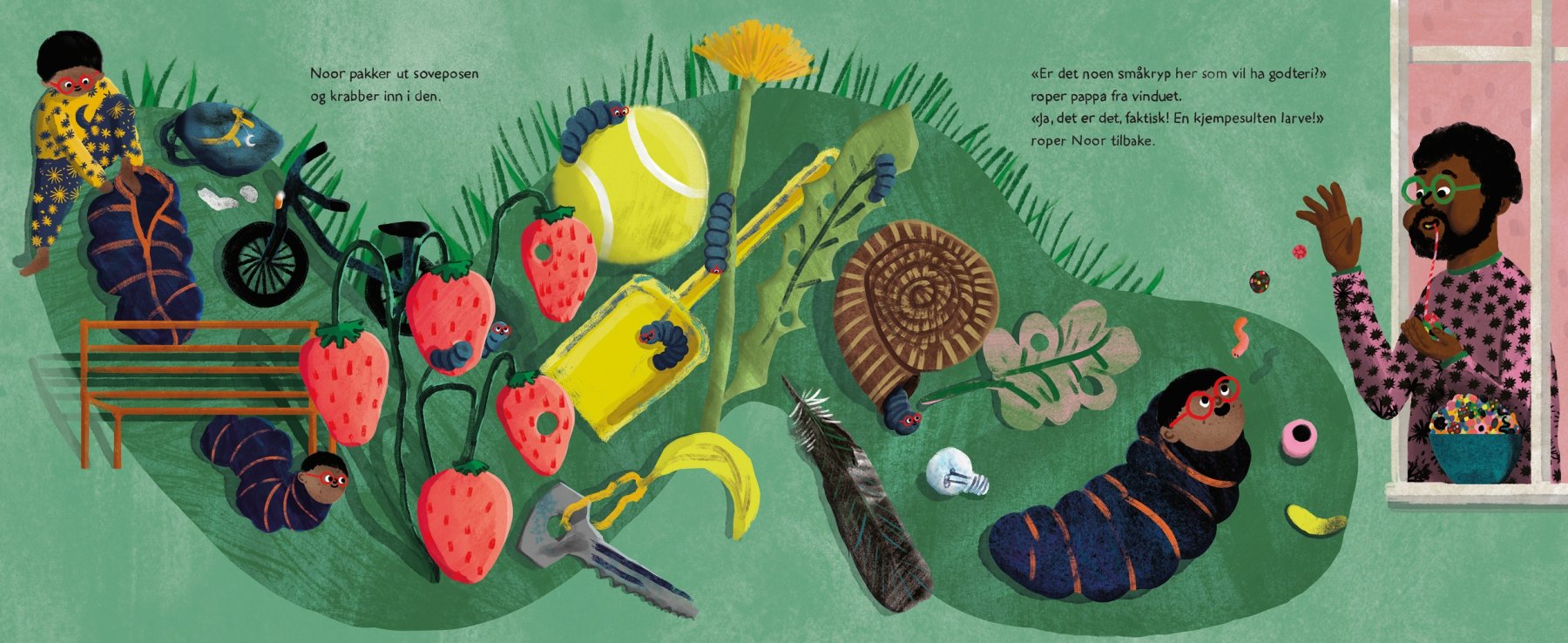 Side 14–15 frå *Nattsermerne*(2021) av Sunniva Sunde Krogseth, utgitt av Gyldendal.