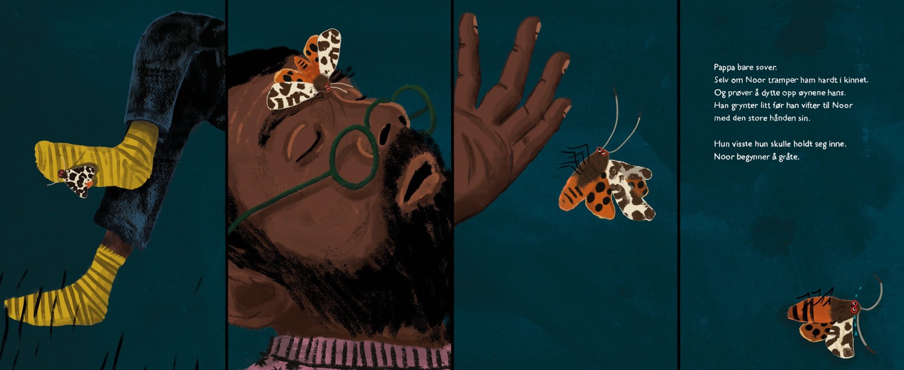 Side 28–29 frå *Nattsermerne* av Sunniva Sunde Krogseth, utgitt av Gyldendal.