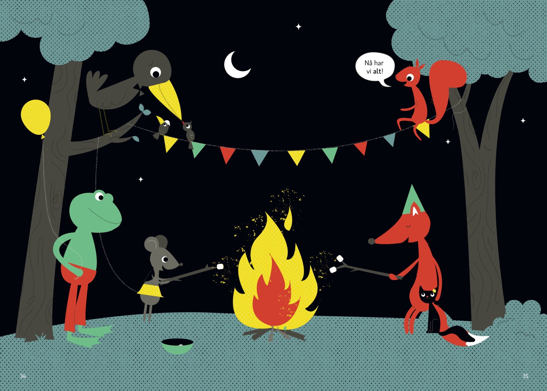 Oppslag, side 34 og 35 fra *Skal vi bytte?* (2022) av Henriette Nilsen, utgitt av Vigmostad Bjørke.