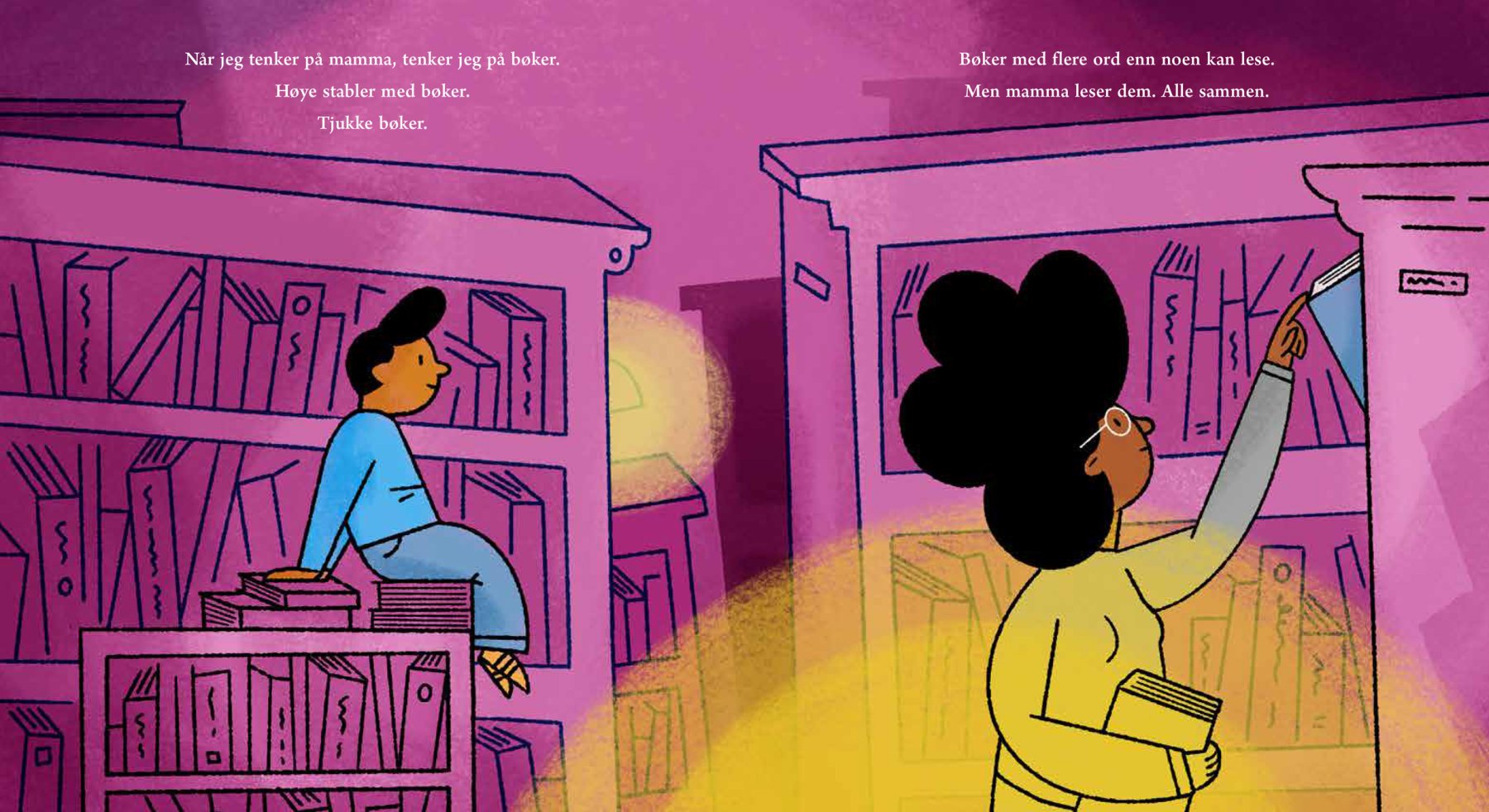 Side 12–13 fra *Kveld på biblioteket* (2023) av Max Estes, publisert av Gyldendal.