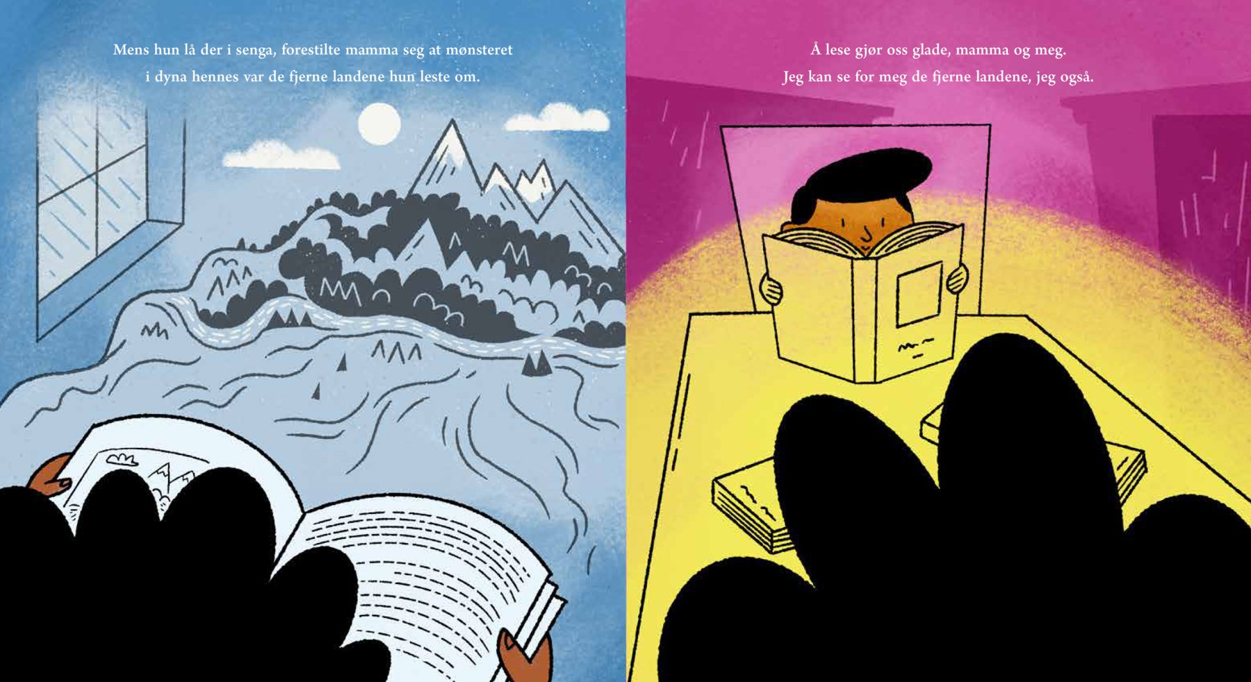 Side 22–23 fra *Kveld på biblioteket* (2023) av Max Estes, publisert av Gyldendal.