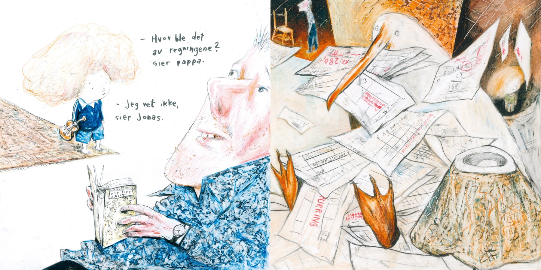 Oppslag fra *Hvor ble det av?* (2023) illustrert av Per Dybvig, tekst av Lars Joachim Grimstad og publisert av Aschehoug forlag.